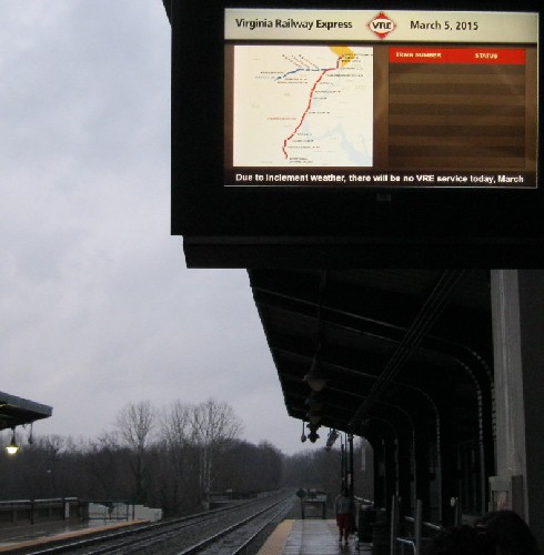 Sign says VRE is not running because of inclement weather