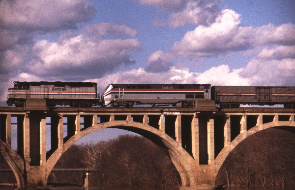 Amtrak crossing the Rappahannock River bridge from Stafford into Fredericksburg, Virginia