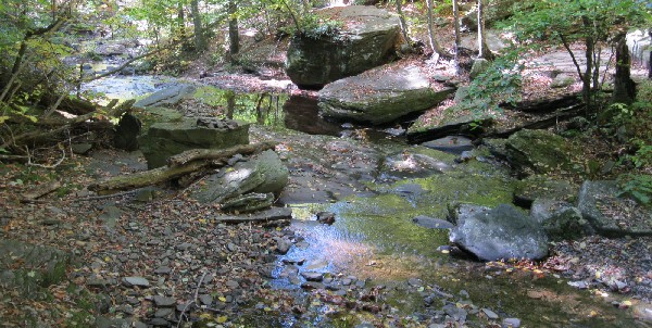 The stream flowing between boulders